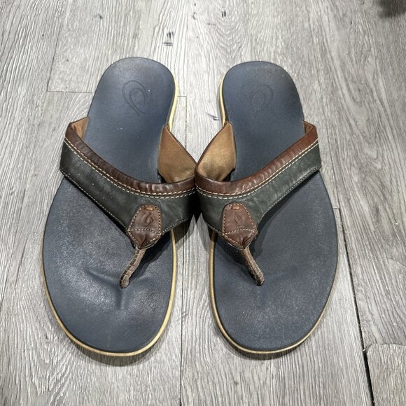 OluKai Polena 10263-DEDE Mens US 12 Flip Flop Navy Leather Slip On Thong Sandals main image 5